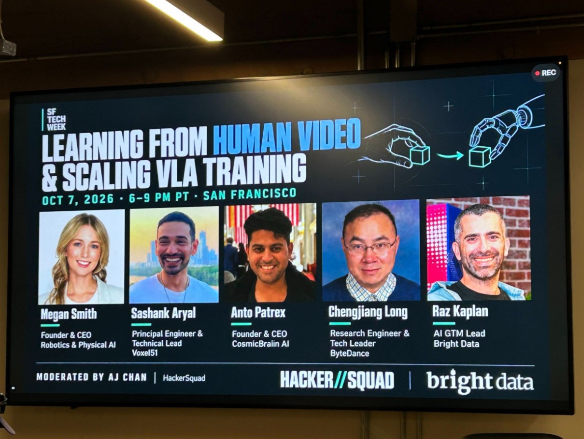 The event slide for Learning from Human Video and Scaling VLA Training, with the five panelists